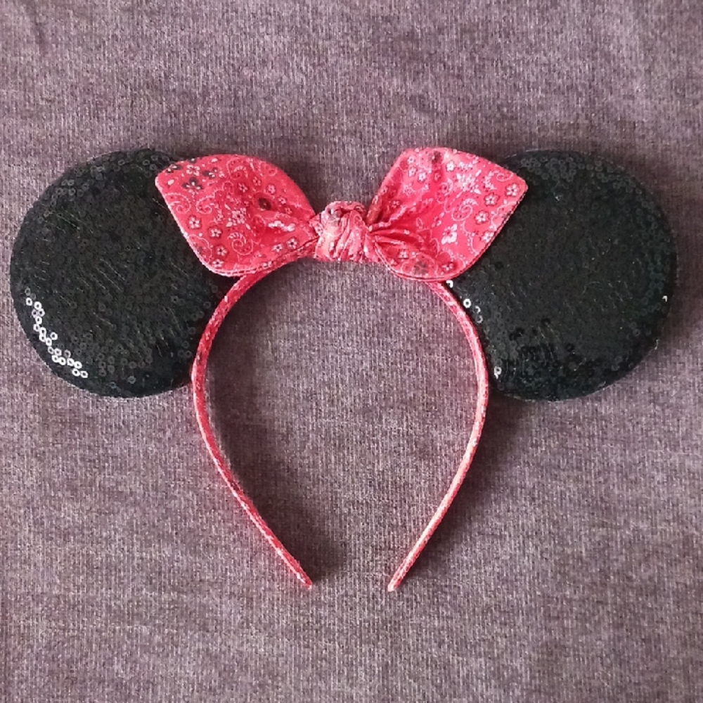 Disney Sequin Black Minnie Ears Headband with Red Bandana Bow
